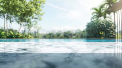 Fototapeta premium White marble tabletop foreground with a blurred swimming pool and lush greenery in the background for mockup and product display advertising.