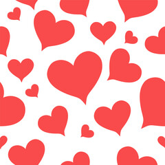 A simple seamless pattern of red hearts of different sizes on a white background.Vector pattern for Valentine's day holiday designs,backgrounds,textiles,wrapping paper.