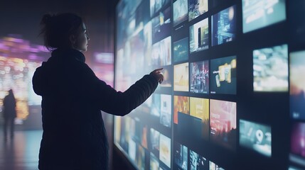 30. A person interacting with a virtual online ad campaign interface on a large screen