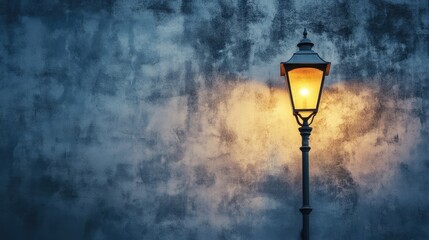 Vintage street lamp illuminating a textured wall background in a moody evening setting
