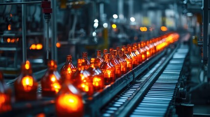 Production line of glass bottles with glowing orange illumination, showcasing a factory setting with conveyor belts and machinery, manufacturing, industrial process, automation, technology.