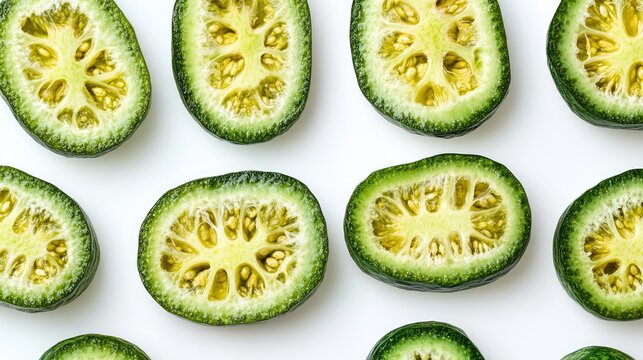 Round slices of pointed gourd potol arranged on a white background showcasing the vibrant green and yellow hues of the vegetable.