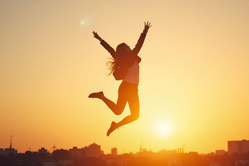 Successful Businesswoman Celebrating Victory Jump Against Vibrant Sunset Sky