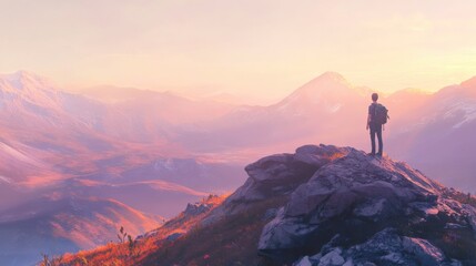 Fototapeta premium a person standing on a mountain peak overlooking a scenic landscape