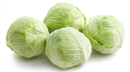 Fototapeta premium Fresh Savoy cabbages arranged isolated on a clean white background showcasing vibrant green leaves and natural textures for culinary use