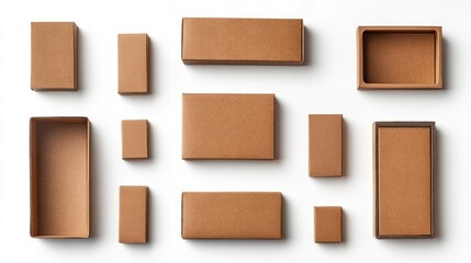 Set of closed brown rectangular cardboard boxes for shipping and organization isolated on white background for packaging solutions and logistics