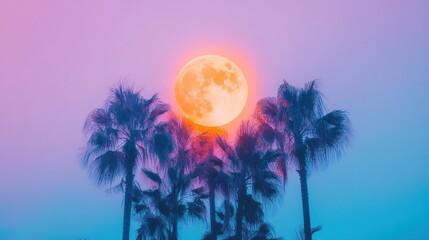 A vibrant moonrise over silhouetted palm trees in a colorful twilight sky.