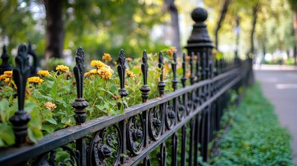 Vibrant flowers and lush shrubs lining an ornate black iron fence in a serene city park setting