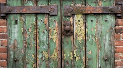 Weathered green doors with peeling paint and rusted hardware showcasing the beauty of decay and rustic charm in an urban setting.