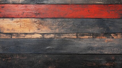 Rough textured wooden panel background featuring vibrant red and dark wood tones for design and decoration projects