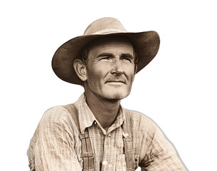 A man wearing a cowboy hat and a plaid shirt sits on a white background. He has a smile on his face and he is content