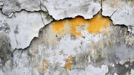 Obraz premium Weathered white cement wall with grunge texture, featuring cracked surface and peeling paint in shades of gray and yellow, suitable for backgrounds, abstract design, textures, industrial.