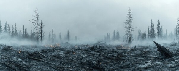 Smoky Forest Fire Aftermath Charred Trees Ashes and Smoke