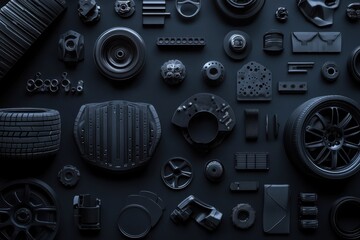 Fototapeta premium Various car tires, rims, and brake pads are neatly arranged on a dark surface, providing ample space for additional text and graphics. Generative AI