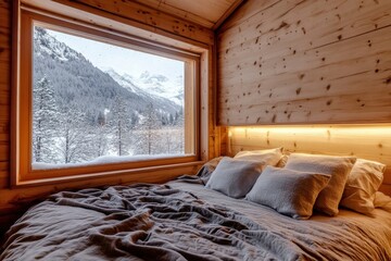 A cozy bedroom with a large window overlooking a snowy mountain