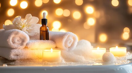 A person enjoying a bubble bath in a luxurious bathroom, surrounded by candles, essential oils, and soft towels, creating a calming atmosphere for self-care