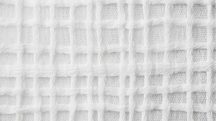 Close-up of white textured fabric with a woven grid pattern, featuring soft fibers and subtle variations, ideal for backgrounds, fashion, design, and textile use.
