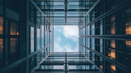 Modern architectural design looking up through glass buildings with a blue sky in the center creating a dramatic perspective.