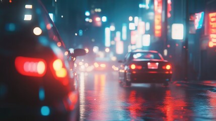 Urban city traffic bokeh lights at night with vibrant reflections creating a moody atmospheric scene on a wet street.