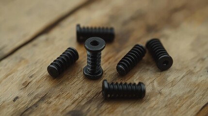 Assortment of black self-tapping screws on wooden background showcasing various types for different wall and surface materials