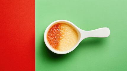 Banana puree with boiled sugar in a white dish against vibrant green and red backgrounds creating a colorful culinary presentation