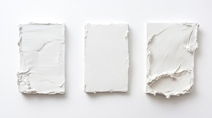 three textured plaster boards arranged on a clean white surface showcasing varying styles and finishes for artistic or design purposes