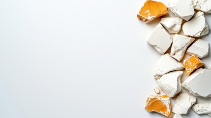 A photostock of soft white clay chunks arranged randomly on a plain background, perfect for pottery and artistic concepts. High Quality
