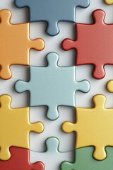 Fototapeta premium Colorful puzzle pieces, bright white background, teamwork and resourcefulness concept