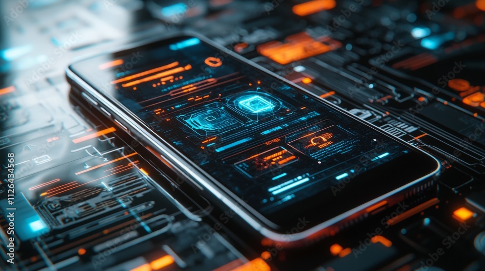 Aufkleber A sleek smartphone rests on a complex digital interface, showcasing a vibrant and futuristic display. Illuminated icons and patterns pulse with life, hinting at advanced technology