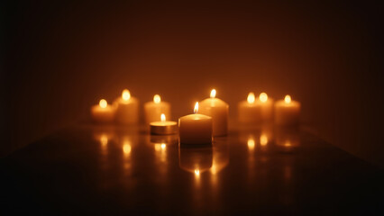 Burning candles lighting a dark room, creating a warm reflection
