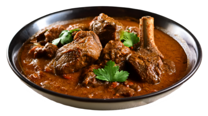Mutton Curry Slow cooked curry with tender pieces of mutton in a spiced gravy. isolated on a transparent background, top view, PNG."