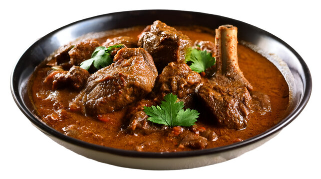 Mutton Curry Slow cooked curry with tender pieces of mutton in a spiced gravy. isolated on a transparent background, top view, PNG."