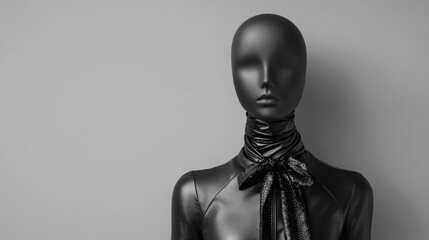 Monochrome display of a faceless mannequin dressed in a black leather blouse against a plain grey studio background