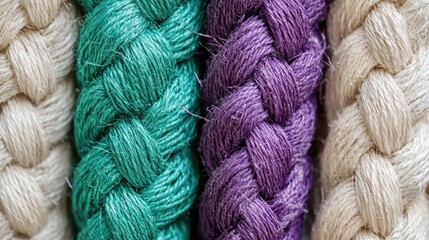 Vibrant braided sisal ropes in green purple and natural colors ideal for rustic backgrounds and creative design applications