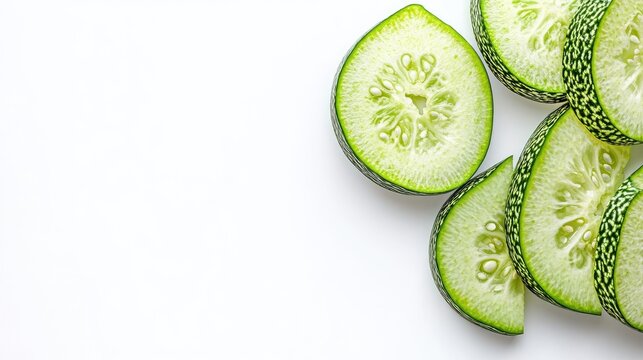 Round slices of fresh pointed gourd potol arranged on a white background showcasing their vibrant green color and unique texture.
