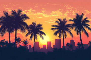 A vibrant sunset silhouette over a city skyline framed by palm trees.