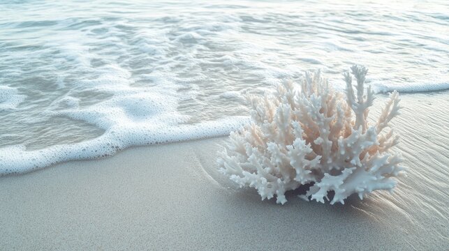 White coral washed ashore with gentle ocean waves and sands creating a serene coastal landscape at sunrise.