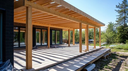 Wooden veranda frame construction with beams and a clear blue sky in the background showcasing home improvement and outdoor living spaces.