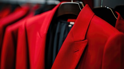 Elegant red suit on hanger showcasing fabric texture and contemporary fashion design in modern retail setting.