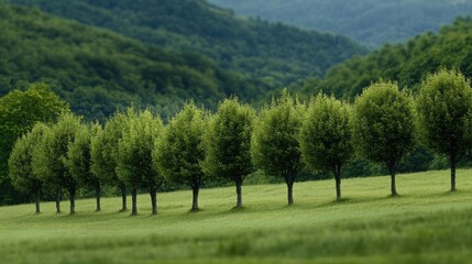 Fototapeta premium Lush green landscape featuring a row of small trees against a verdant hillside creating a serene natural environment.