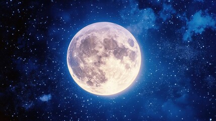 Fototapeta premium Stunning full moon illuminating a tranquil winter night with twinkling stars against a deep blue sky