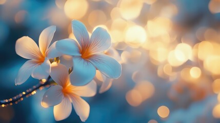 Naklejka premium Close-up of plumeria flowers with selective focus, displaying delicate white petals and vibrant orange centers against a dreamy bokeh background, nature, floral, bright colors, tranquility.