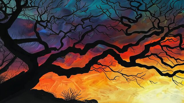 Silhouette of a tree with colorful sunset sky in background, nature's artistry in vibrant colors, abstract expressionism concept