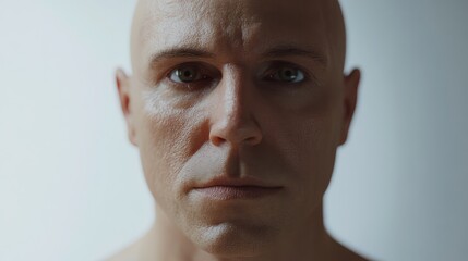 Naklejka premium Male portrait with thinning hair showcasing alopecia in a neutral light setting emphasizing facial features and skin texture.