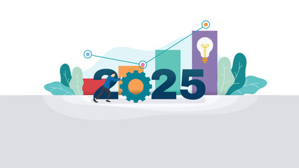 a businessman pushes the gear as the number 0 in the year 2025.