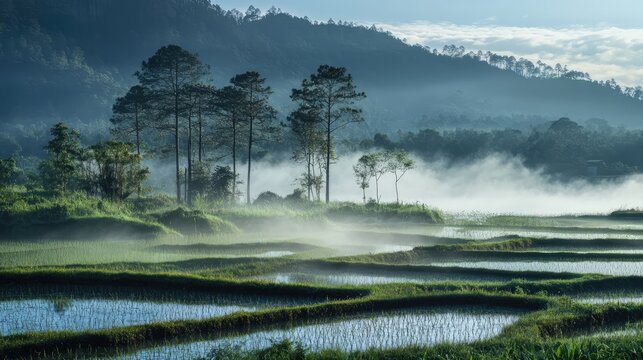 Serene rice paddies at dawn with dew-covered seedlings and enchanting morning fog creating a beautiful landscape scene.