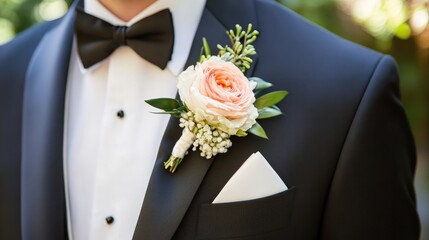 Elegant groom in formal tuxedo with floral boutonniere showcasing sophisticated wedding details and classic bridal style.