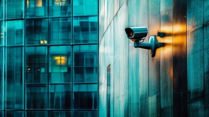 Security camera on building wall with reflection, modern urban architecture, surveillance technology, city building detail