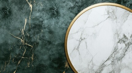 Elegant marble texture on a rich green background featuring a circular marble design with a gold accent for luxury and sophistication.