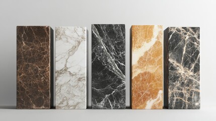 Elegant collection of marble samples in various colors showcasing textures for background and furniture design inspiration.